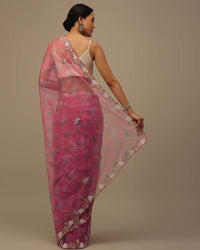 Rouge Pink Cutdana Embroidered Saree In Organza With Floral Print