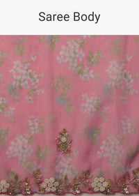 Rouge Pink Cutdana Embroidered Saree In Organza With Floral Print