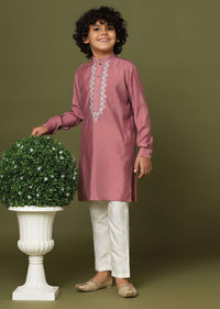 Rouge Pink Embroidered Kurta And Pant Set In Silk