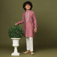 Rouge Pink Embroidered Kurta And Pant Set In Silk