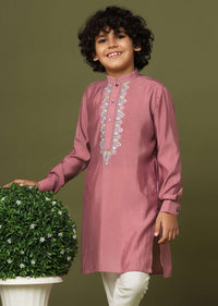 Rouge Pink Embroidered Kurta And Pant Set In Silk