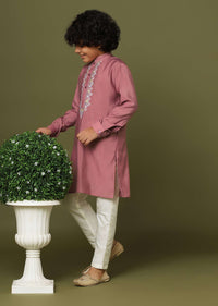 Rouge Pink Embroidered Kurta And Pant Set In Silk