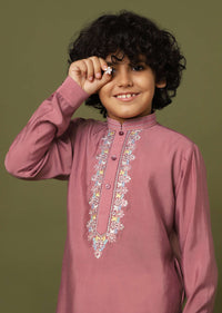 Rouge Pink Embroidered Kurta And Pant Set In Silk