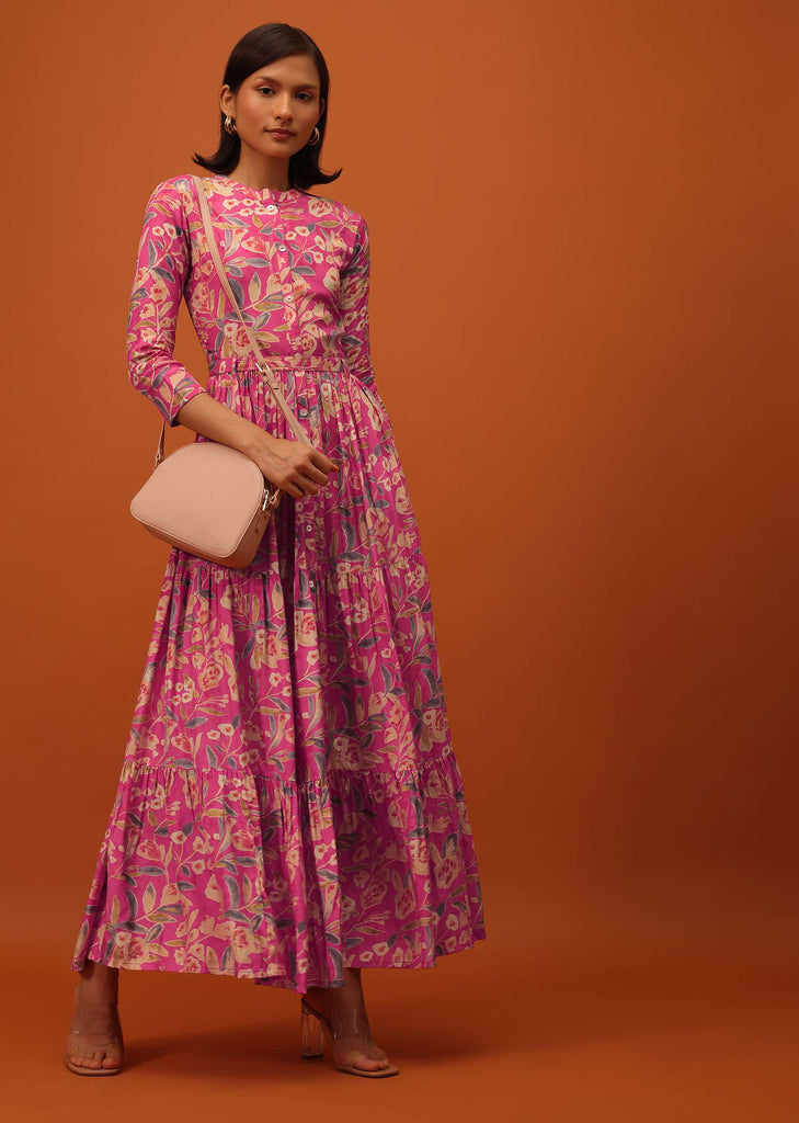 Rouge Pink Santoon Kurti With Floral Print And Belt