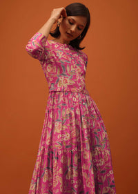 Rouge Pink Santoon Kurti With Floral Print And Belt