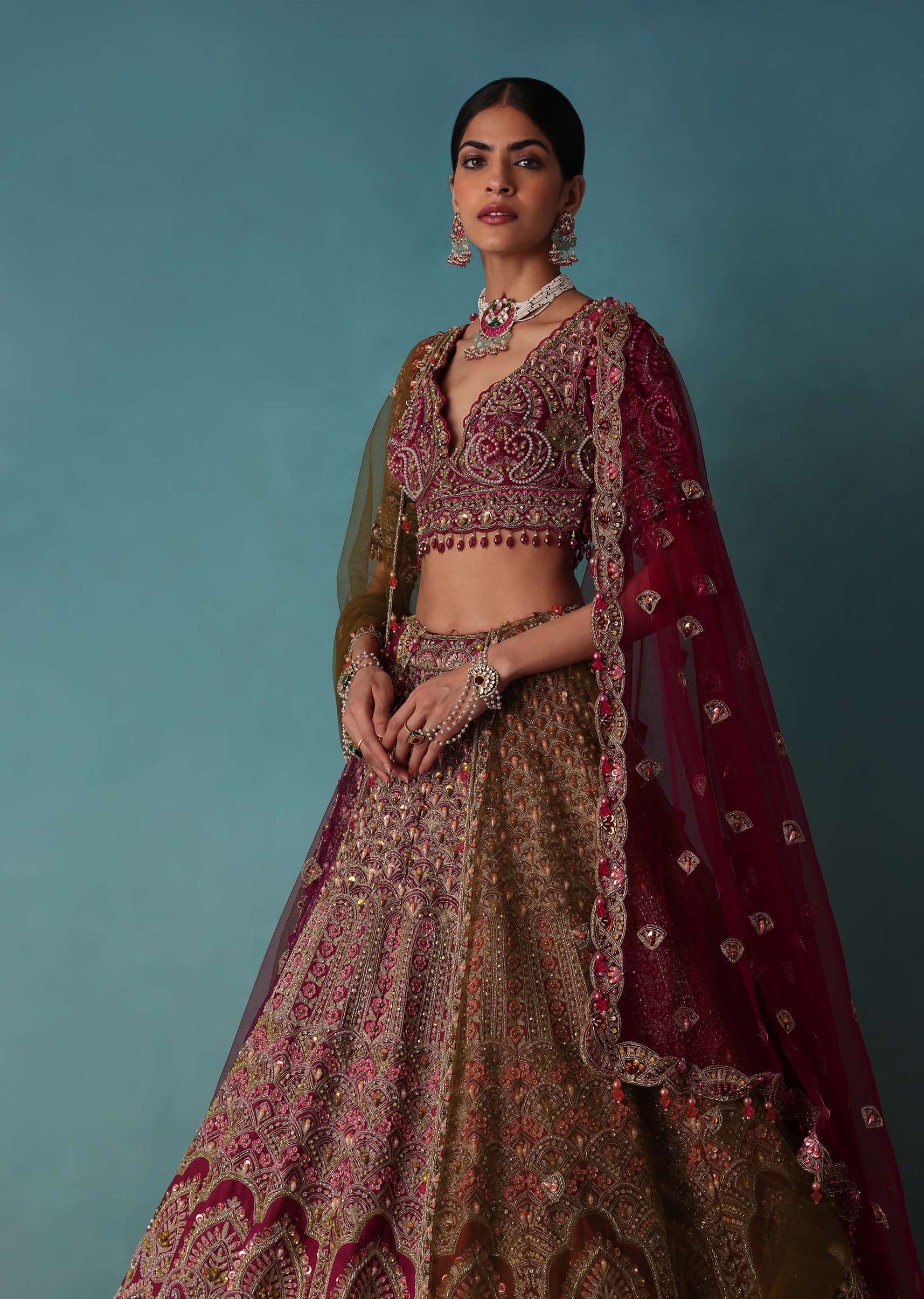 Rouge Red Bridal Lehenga Set In Raw Silk With Aari And Zardosi Work