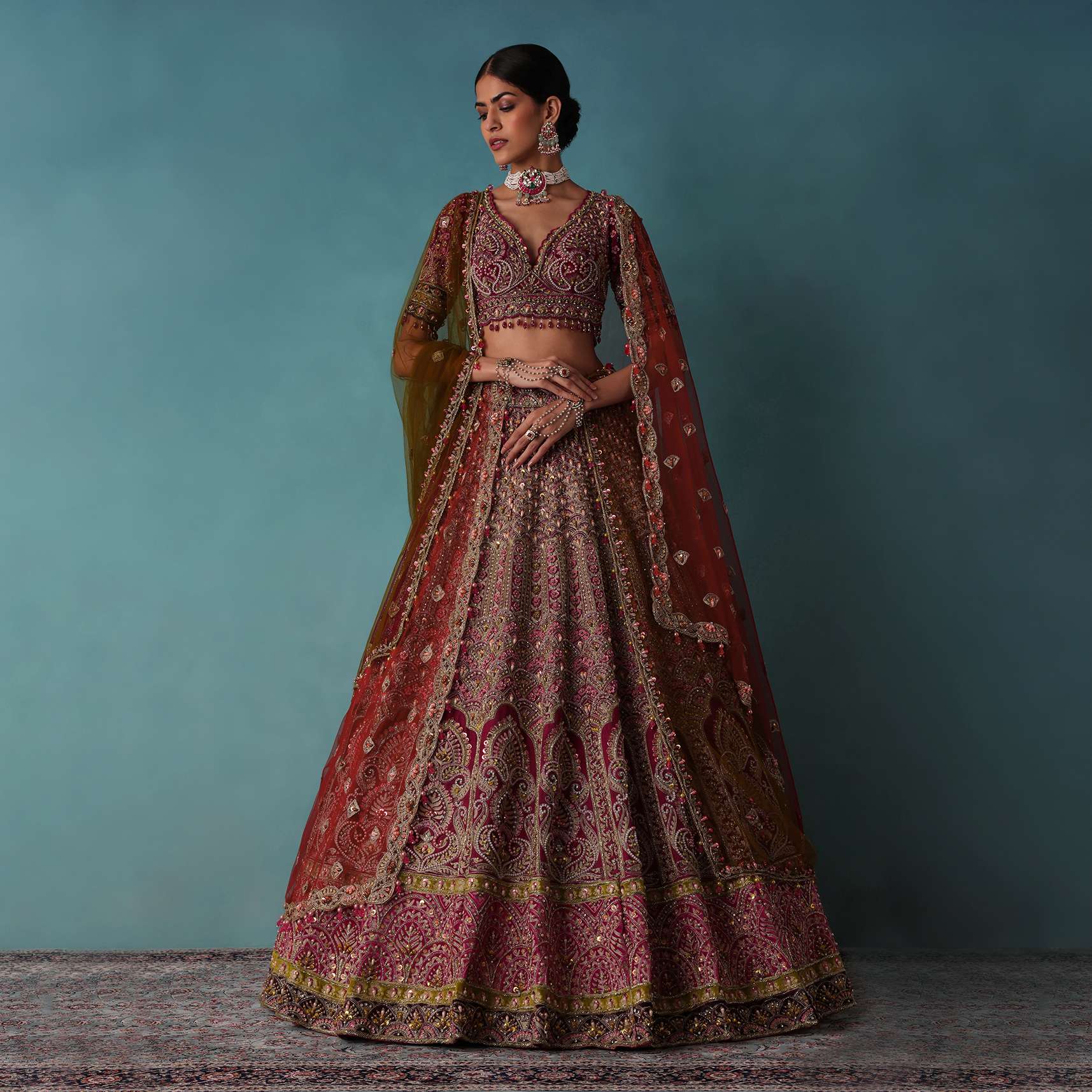 Rouge Red Bridal Lehenga Set In Raw Silk With Aari And Zardosi Work