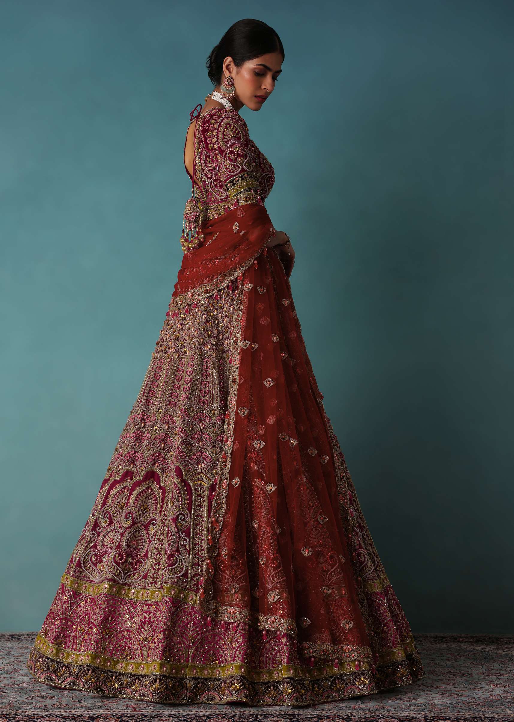 Rouge Red Bridal Lehenga Set In Raw Silk With Aari And Zardosi Work