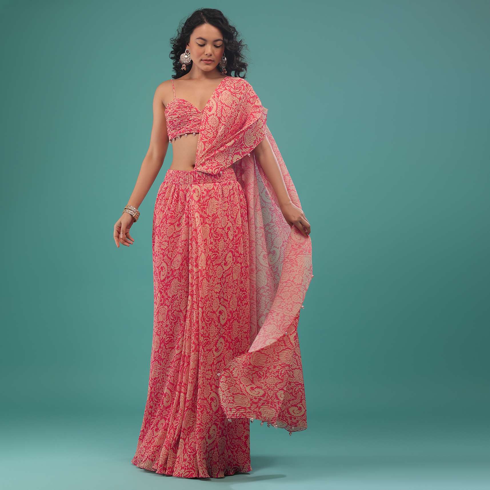 Rouge Red Pink And Beige Printed Pre-Pleated Saree In Crepe