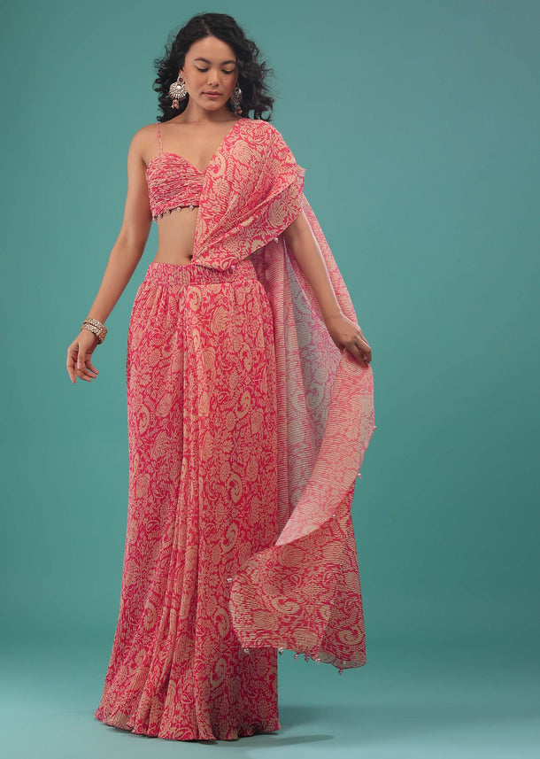 Rouge Red Pink And Beige Printed Pre-Pleated Saree In Crepe