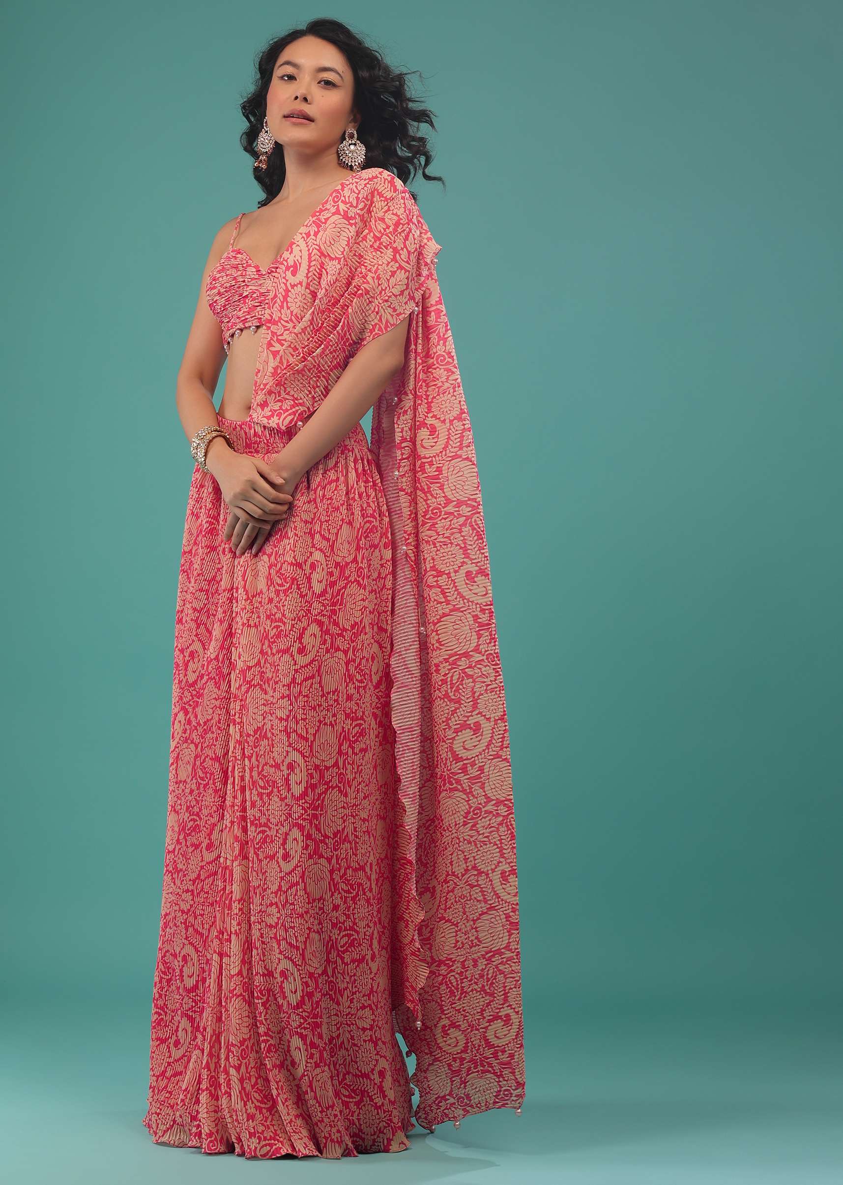 Rouge Red Pink And Beige Printed Pre-Pleated Saree In Crepe