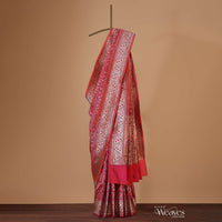 Rouge Pink Banarasi Patola Saree In Katan Silk With Ikat Weave And Unstitched Blouse