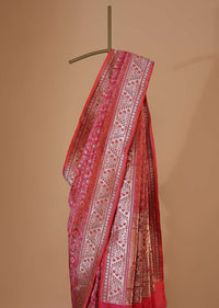 Rouge Pink Banarasi Patola Saree In Katan Silk With Ikat Weave And Unstitched Blouse