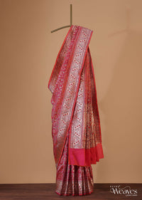 Rouge Pink Banarasi Patola Saree In Katan Silk With Ikat Weave And Unstitched Blouse