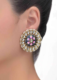 Round Floral Earrings With Kundan, Pearls And Mina Work Online - Kalki Fashion