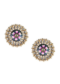 Round Floral Earrings With Kundan, Pearls And Mina Work Online - Kalki Fashion