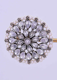 Round floral stud heavily detailed in crystal stones and white pearls only on Kalki