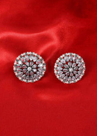 Round floral stud heavily detailed in crystal stones and white pearls only on Kalki