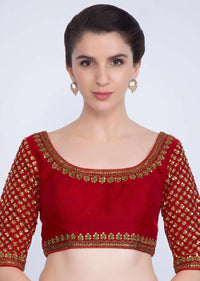 Red Blouse In Raw Silk With Jaal Embroidered Sleeves And Round Neck