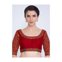 Red Blouse In Raw Silk With Jaal Embroidered Sleeves And Round Neck