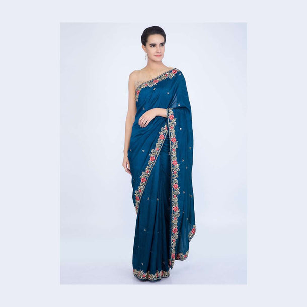 Royal blue dupion silk saree with embroidered butti and border only on Kalki