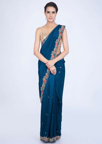 Royal blue dupion silk saree with embroidered butti and border only on Kalki