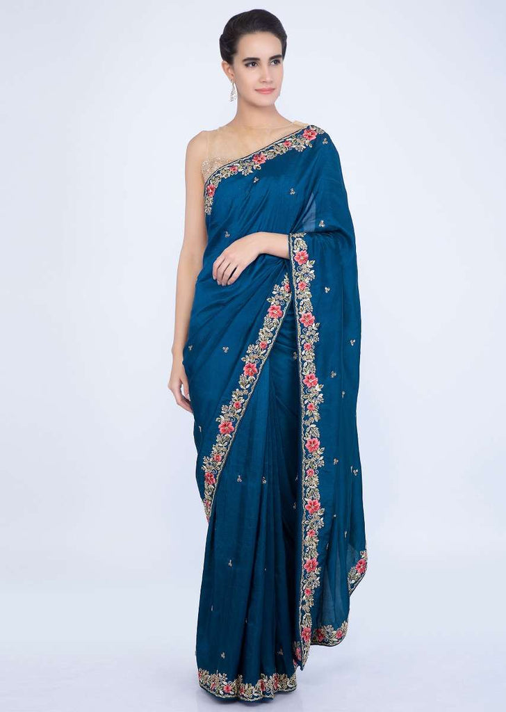 Royal blue dupion silk saree with embroidered butti and border only on Kalki