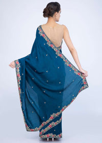 Royal blue dupion silk saree with embroidered butti and border only on Kalki