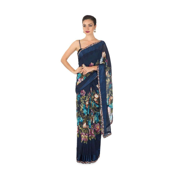 Royal blue georgette saree with multi colour floral print and   a rich persion blue silk border