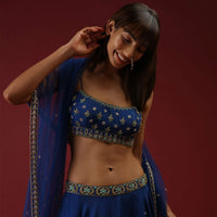 Royal Blue Lehenga Choli In Raw Silk With Hand Embroidered Butti Design Using Mint Sequins And Cut Dana Work