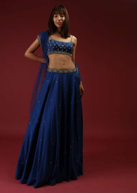 Royal Blue Lehenga Choli In Raw Silk With Hand Embroidered Butti Design Using Mint Sequins And Cut Dana Work
