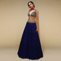 Royal Blue Lehenga Choli With Plunging Neckline And Hand Embroidered Using Multi Colored Beads And Resham