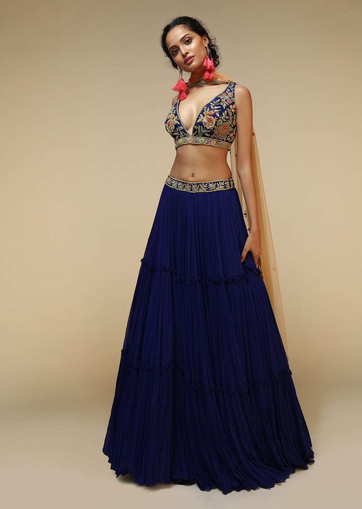 Royal Blue Lehenga Choli With Plunging Neckline And Hand Embroidered Using Multi Colored Beads And Resham