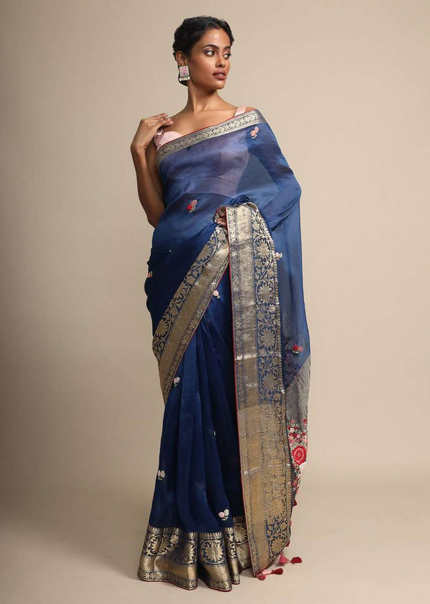 Royal Blue Organza Saree With Floral Embroidered Butti Online - Kalki Fashion