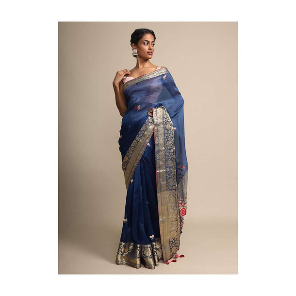 Royal Blue Organza Saree With Floral Embroidered Butti Online - Kalki Fashion