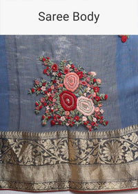 Royal Blue Organza Saree With Floral Embroidered Butti Online - Kalki Fashion