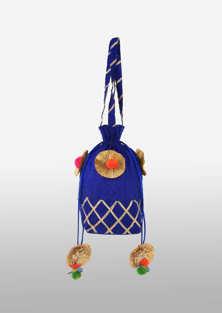 Royal Blue Potli Bag In Raw Silk With Gotta Lace Checks And Pom Poms