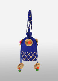 Royal Blue Potli Bag In Raw Silk With Gotta Lace Checks And Pom Poms