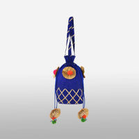 Royal Blue Potli Bag In Raw Silk With Gotta Lace Checks And Pom Poms