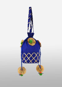 Royal Blue Potli Bag In Raw Silk With Gotta Lace Checks And Pom Poms