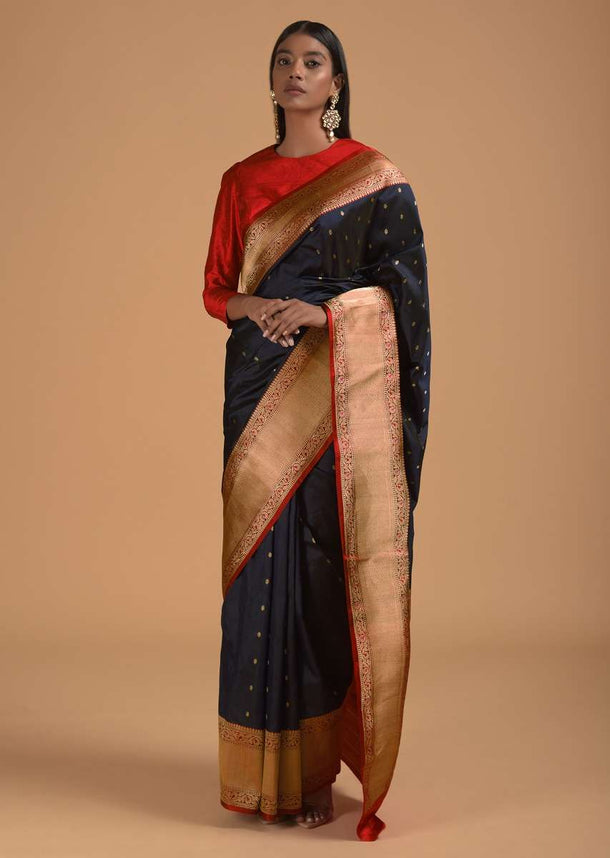 Royal Blue Pure Handloom Saree In Silk With Woven Flower Buttis And Red Border Online - Kalki Fashion