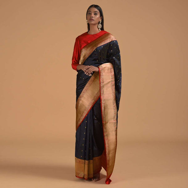 Royal Blue Pure Handloom Saree In Silk With Woven Flower Buttis And Red Border Online - Kalki Fashion