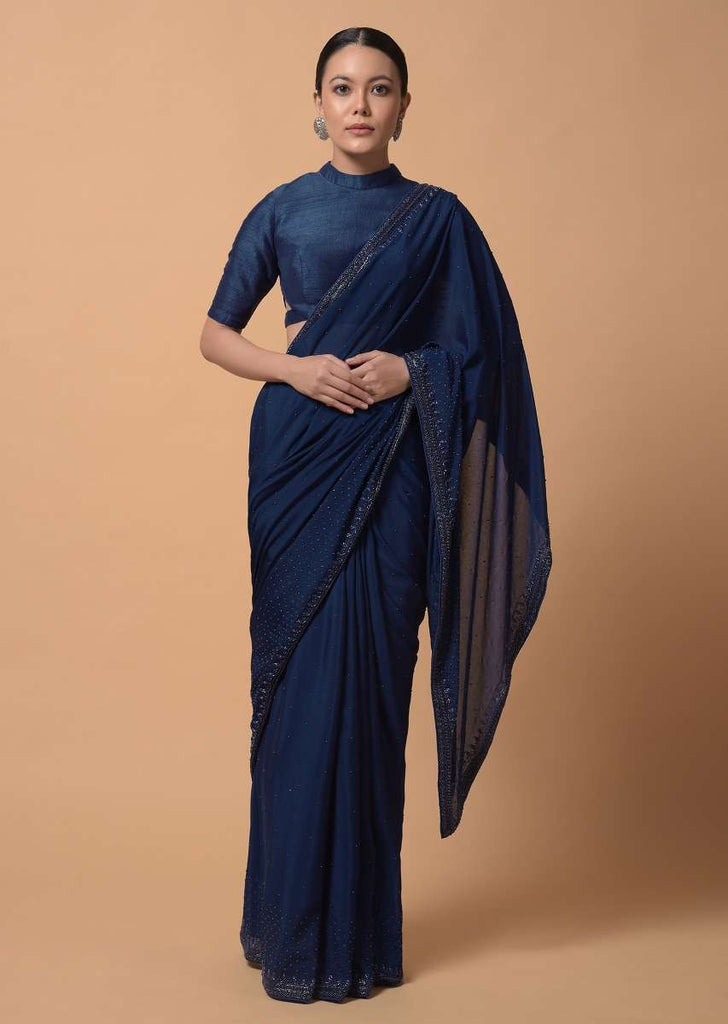 Royal Blue Saree In Chiffon With Scattered Moti Beads And Cut Dana Embellished Border Online - Kalki Fashion