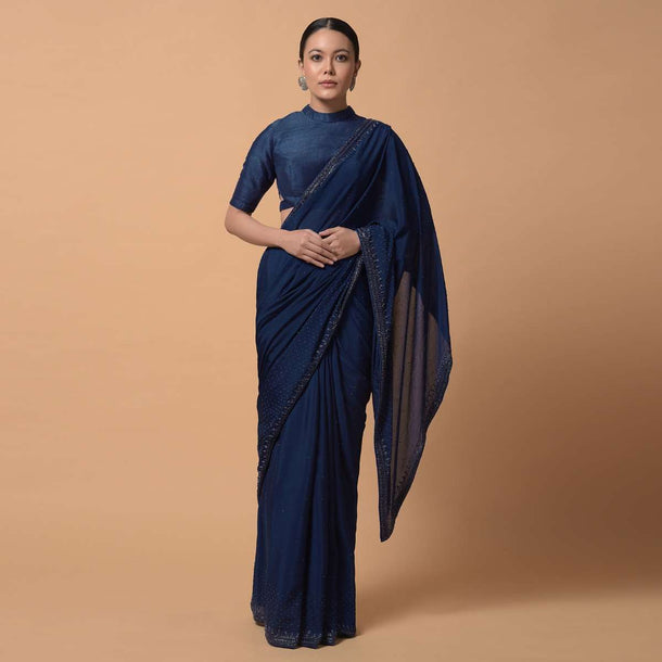 Royal Blue Saree In Chiffon With Scattered Moti Beads And Cut Dana Embellished Border Online - Kalki Fashion