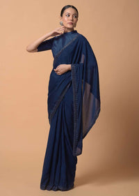 Royal Blue Saree In Chiffon With Scattered Moti Beads And Cut Dana Embellished Border Online - Kalki Fashion