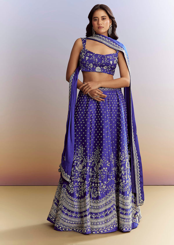 Royal Blue Satin Bridesmaid Lehenga With Heavy Embroidery
