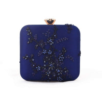 Royal Blue Square Box Clutch With Embroidered Net Adorned In Beads, Sequins And Resham In Floral Design Online - Kalki Fashion
