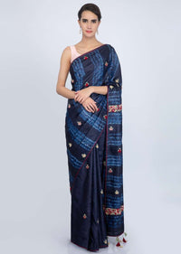 Royal blue tussar silk saree with multi color floral butti and batik print pallo only on Kalki