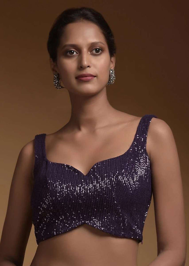 Royal Purple Crop Top Embellished In Sequins With Sweetheart Neckline