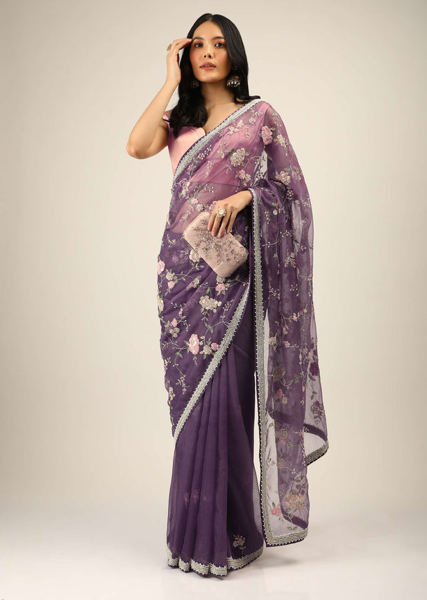 Royal Purple Saree In Organza With Moti, Resham And Cord Embroidered Floral Motifs On The Pallu